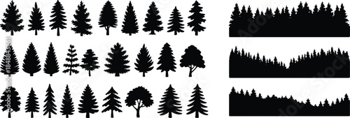 Forest tree silhouettes set with pine fir spruce and deciduous varieties, seamless woodland landscape borders, black nature vector illustration