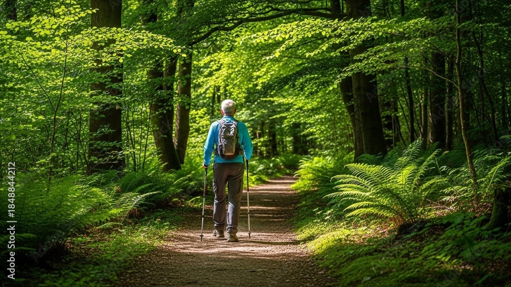 Obraz premium elderly man hiking on forest trail with walking sticks