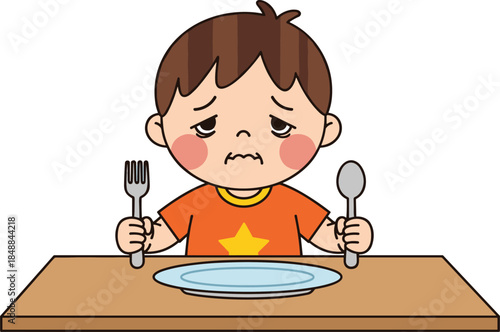Hungry child cartoon, empty plate, sad expression, food concept, emotional illustration, dining table, spoon fork, waiting meal, orange shirt, disappointment