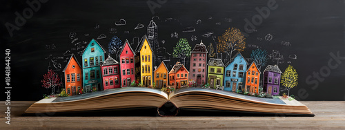 Vibrant pop-up town of colorful houses and whimsical trees emerging from an open storybook, depicting imagination, learning, and the magic of community