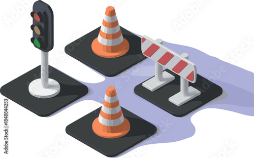 Isometric Road Safety and Construction Set - Traffic Light, Cones, and Barrier