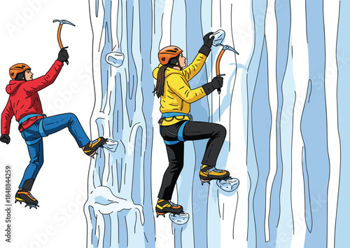 Ice climbers scaling frozen waterfall, extreme adventure sport, winter mountain expedition, outdoor challenge, climbing gear, adventure tourism, teamwork, courage, exploration, determination