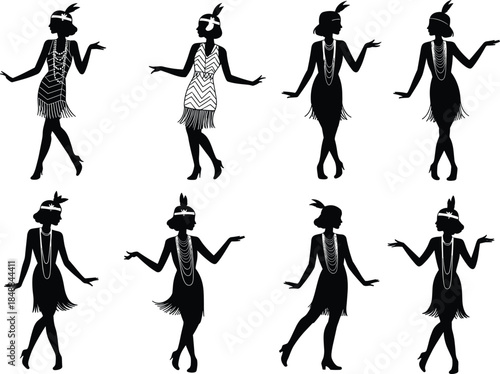 1920s flapper women dancing silhouettes in vintage jazz style with fringe dresses, bob hairstyles, feathers, and expressive retro poses