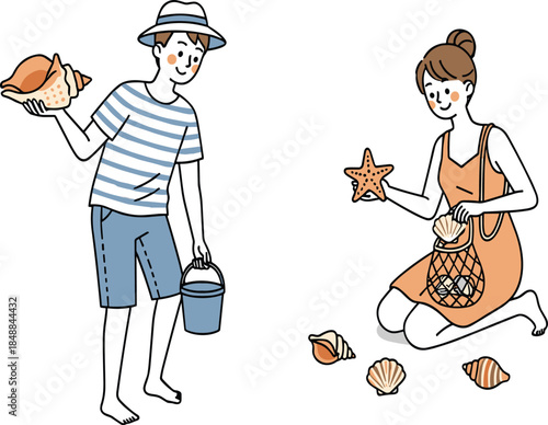 Illustration of boy and girl collecting seashells and starfish on beach, summer seaside activity with ocean treasures and family fun
