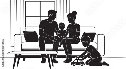 Happy Family at Home Silhouette with Parents and Children in Living Room