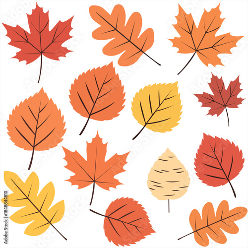 Autumn Leaves' Palette A vibrant collection of stylized autumn leaves in various warm hues, a testament to nature's colorful transition.
