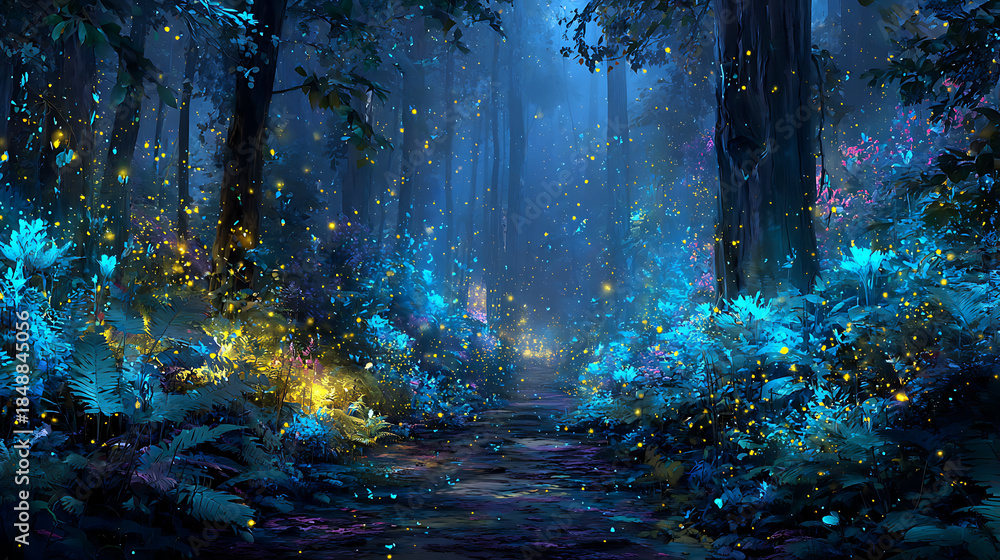 Fototapeta premium Magical Forest at Night with Fireflies and Blue Glow