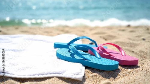 Sandals and towel on sandy beach with blue ocean water backdrop