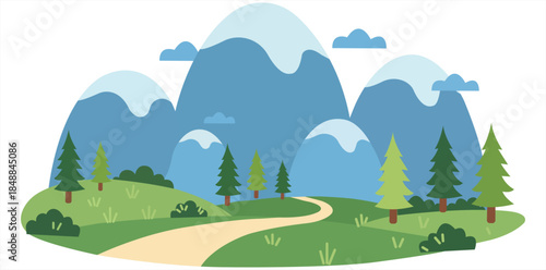 Journey Through the Serene Mountain Landscape A vibrant illustration depicts a winding path meandering through a verdant landscape, leading towards majestic, snow-capped mountains. Peaceful.