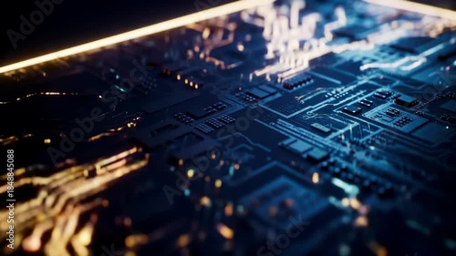 Abstract glowing circuit board closeup, technology background concept