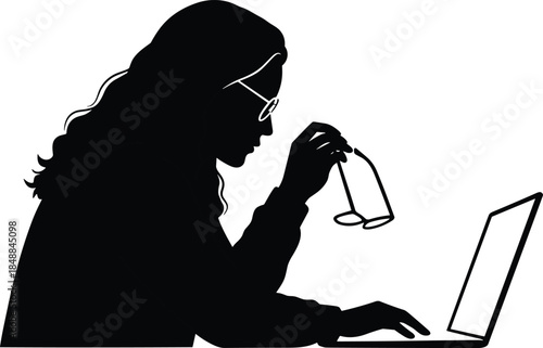 Stressed woman silhouette at laptop, holding glasses, experiencing eye strain or fatigue while working, digital burnout concept, remote work