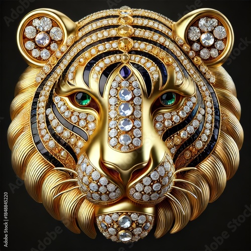 Gold Tiger. lunar New year Zodiac Sign. Jewelry Glowing Treasure. Amazing Glamour Mascot. Decoration for Art Deco Party Card Invitation. Rich Luxury Diamond Brilliant Animal Brooch Portrait	
