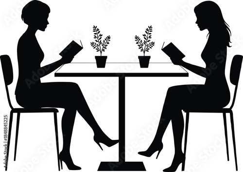 Two women reading books at table silhouette — female readers sitting across with plants, peaceful indoor café or home scene.