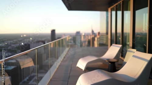 Rooftop terrace lounge chairs offer scenic city views at sunset