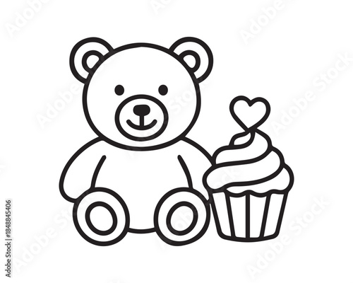 Cute Teddy Bear with Heart Cupcake Line Art
