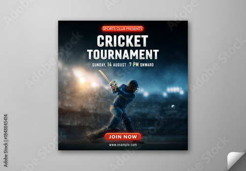 Editable Cricket Tournament Match Social Media Post Template with Cricket Batter Player in Action on Stadium Background.