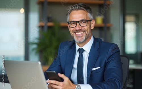 Smiling mid aged business man ceo wearing blue suit sitting in office using cell phone solutions. Mature businessman professional executive holding mobile working at desk with laptop and smartphone.