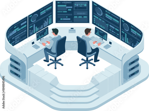 Isometric Security and Operations Control Room with Two Analysts Monitoring Multiple Data Screens