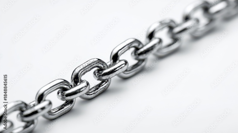Fototapeta premium Isolated metal chain with detailed links on a plain white surface