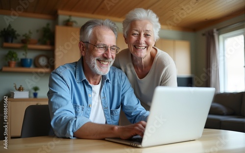 Smiling middle aged senior man working on computer sitting at table with wife standing nearby in living room. Happy mature older couple using laptop technology at home. Authentic candid shot.