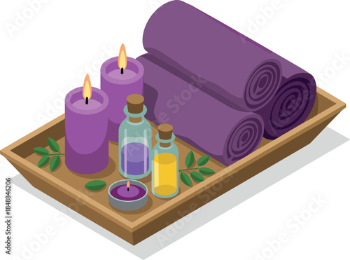 Isometric Spa and Wellness Set with Scented Candles, Essential Oil Bottles, and Rolled Terry Towels on a Tray