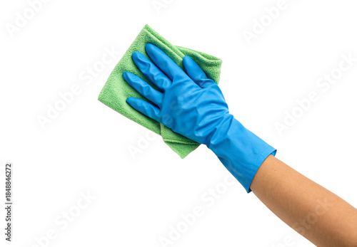 Hand wearing blue rubber glove with green microfiber towel, isolated on a transparent background