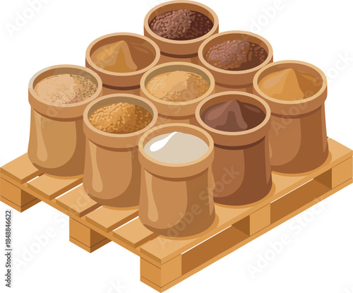 Isometric Sugar and Bulk Goods Production: Sacks of Different Sugars (White, Brown, Raw) on a Wooden Pallet