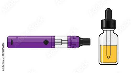 Illustration of a purple vape pen and a bottle of e liquid