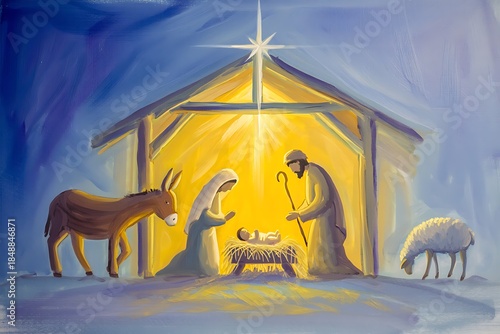 Nativity scene with Mary Joseph and baby Jesus in a manger