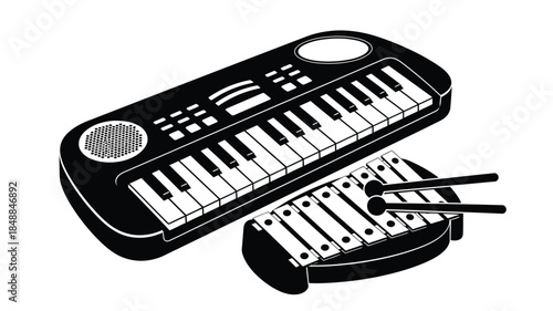 Black and white illustration of a mini keyboard and xylophone with mallets
