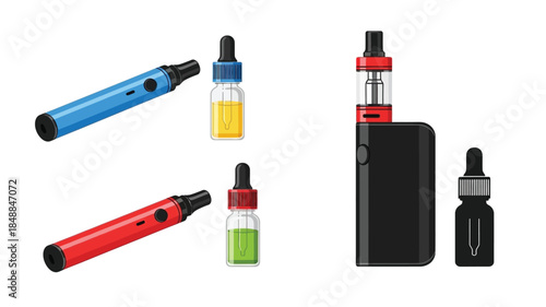 Assorted electronic cigarettes vape pens and e liquid bottles displayed on white background