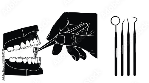 Dental examination and tools a graphic illustration of oral healthcare practices