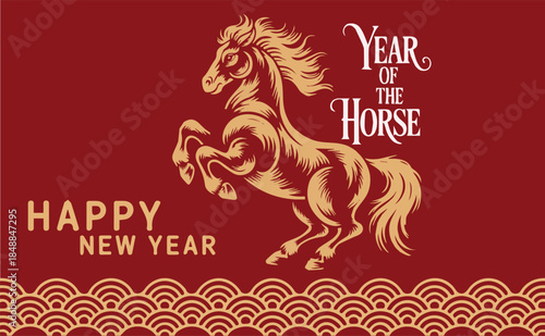 Elegant golden calligraphy character ‘Horse’ on a red background, Chinese New Year and Year of the Horse theme. Perfect for posters, greeting cards, and New Year decorations.eps