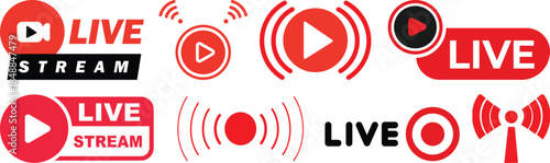 Live video stream button for news, TV, online broadcasting, live webinar, streaming, broadcasting, online stream, digital media, real-time broadcast, vector illustration