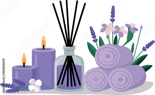 Lavender Spa and Aromatherapy Set with Scented Candles, Reed Diffuser, Rolled Towels, and Flower Bouquet