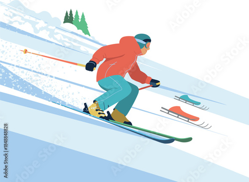 Man Downhill Skiing on a Snowy Mountain Slope - Winter Sport Activity