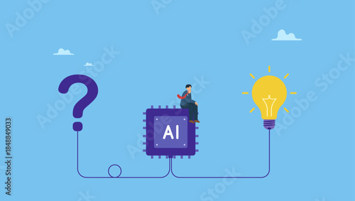 Businessman on AI chip help solving problem with lightbulb idea. Artificial Intelligence, AI to help solving problem, innovation to develop idea, solution or automation, AI support or advice.