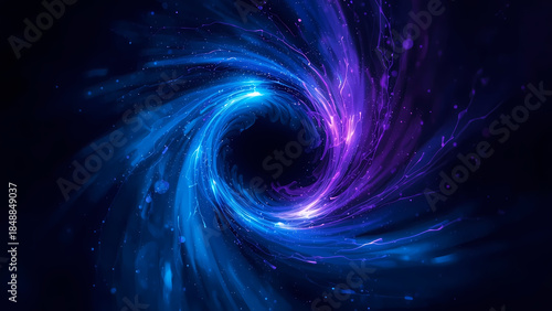 Vibrant Swirling Nebula Explores Cosmic Singularity with Electric Blue and Purple Hues overlay