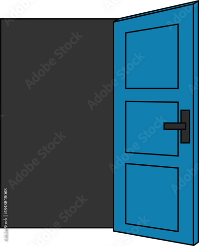 Open door vector illustration showing a partially opened blue door leading into a dark room.