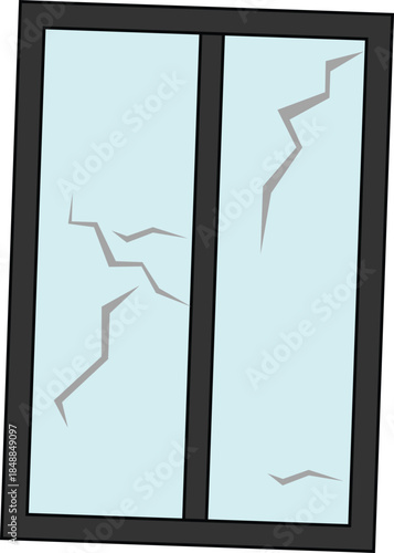 Broken window vector illustration featuring cracked glass panes in a simple flat design style.