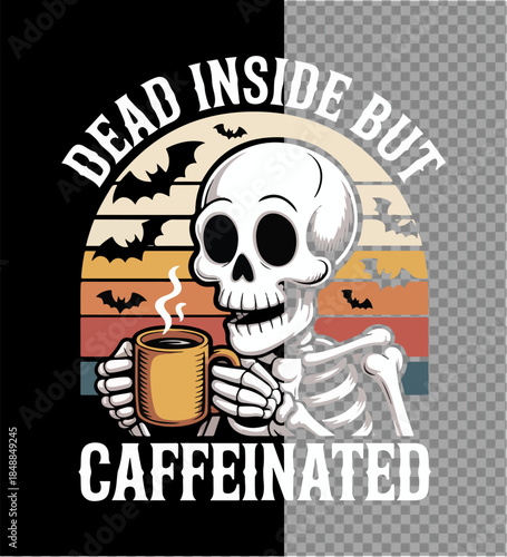 Caffeinated skeleton: A whimsical skeletal figure, seemingly dead inside, finds solace in a caffeinated cup, a humorous portrayal of modern weariness, set against a vintage-inspired backdrop.