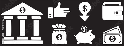Finance and Banking Icons Vector – Money Savings, Investment, Piggy Bank, Dollar Symbol Set