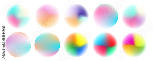 Bright colorful circle gradient set. Round blur gradation background collection. Iridescent radial blurry shape pack for poster, banner, leaflet, brochure. Eps10