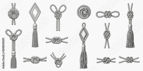 Set of gray rope knots and tassels, decorative elements for design.