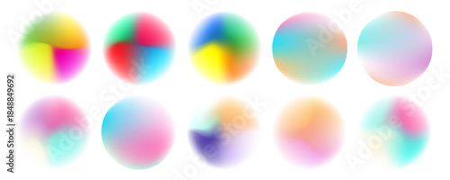 Bright colorful circle gradient set. Round blur gradation background collection. Iridescent radial blurry shape pack for poster, banner, leaflet, brochure. Eps10