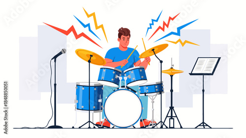 Musician playing drum kit with vibrant sound waves emanating from the cymbals