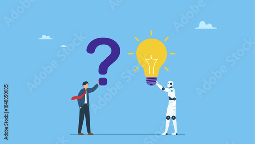 Businessman with question mark and AI give an answer. Artificial intelligence AI to help solve problem, chatbot or machine learning to answer hard question, assistance service, technology to help.