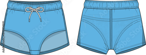 Athletic shorts technical flat sketch, front and back view, drawstring waistband, curved seam detail, fashion design vector illustration
