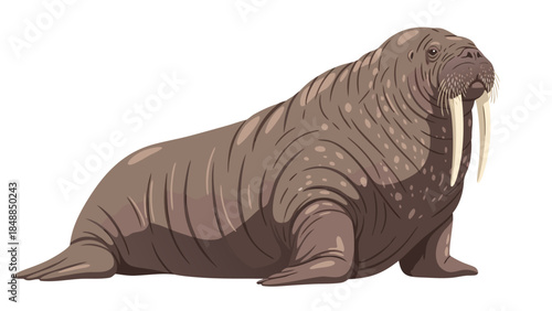 Realistic illustration of a large walrus with tusks standing on a white background