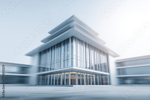 Contemporary tiered building facade features extensive use of glass and sharp architectural lines
